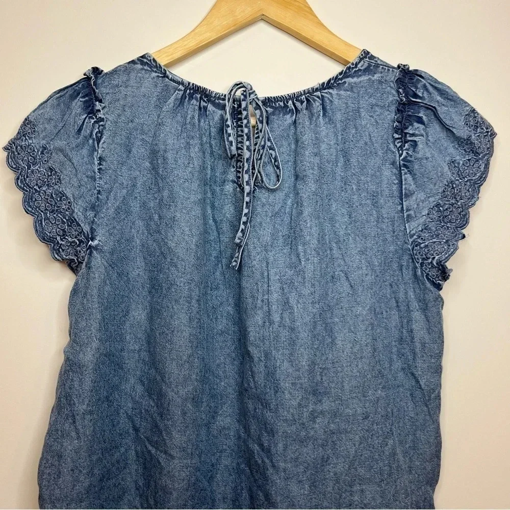 LC LAUREN CONRAD Chambray Floral Embroidered Sleeve Boho Blouse Top - Picture 6 of 7